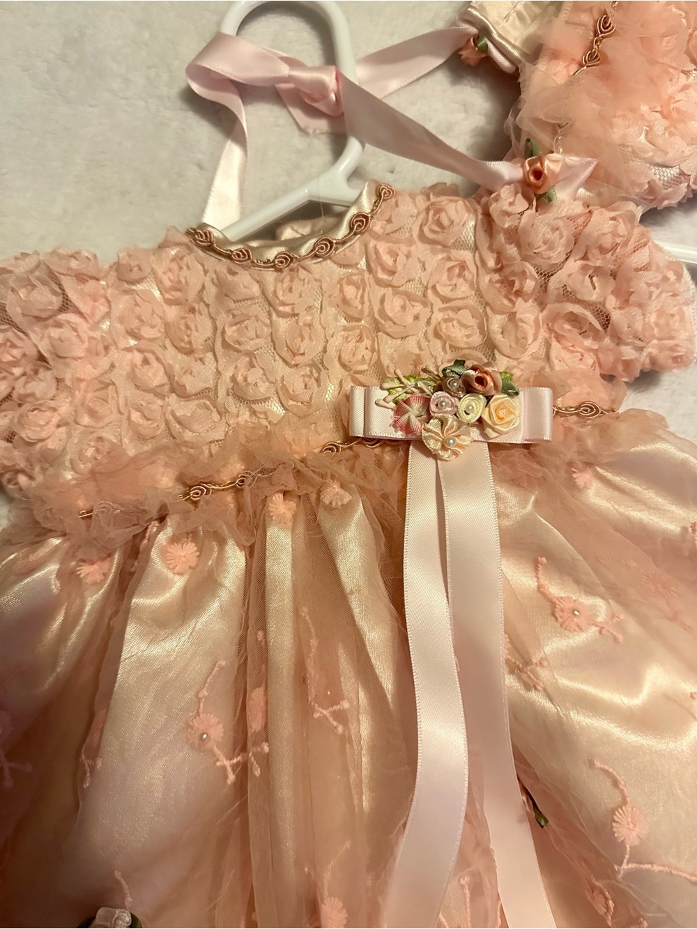 Rosette-Embellished Pink Satin & Lace Girls Formal Dress